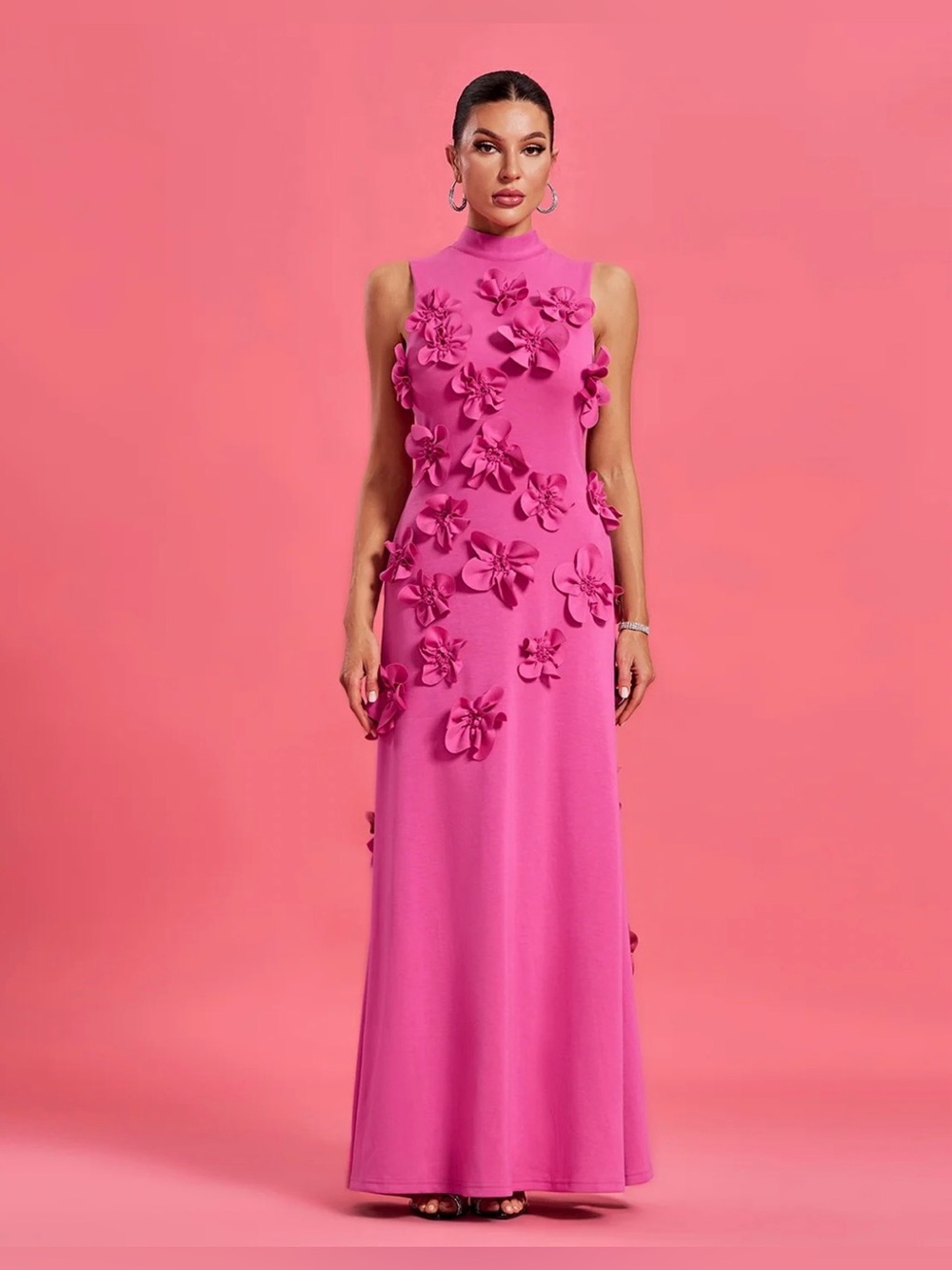 A Line High Neck Sleeveless Floor Length Stretch Crepe Dress With 3D Flowers
